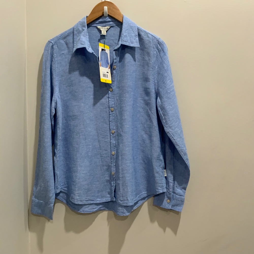 Orvis Classic Collection Linen Blend Long Sleeve Button Down Shirt Light Blue S